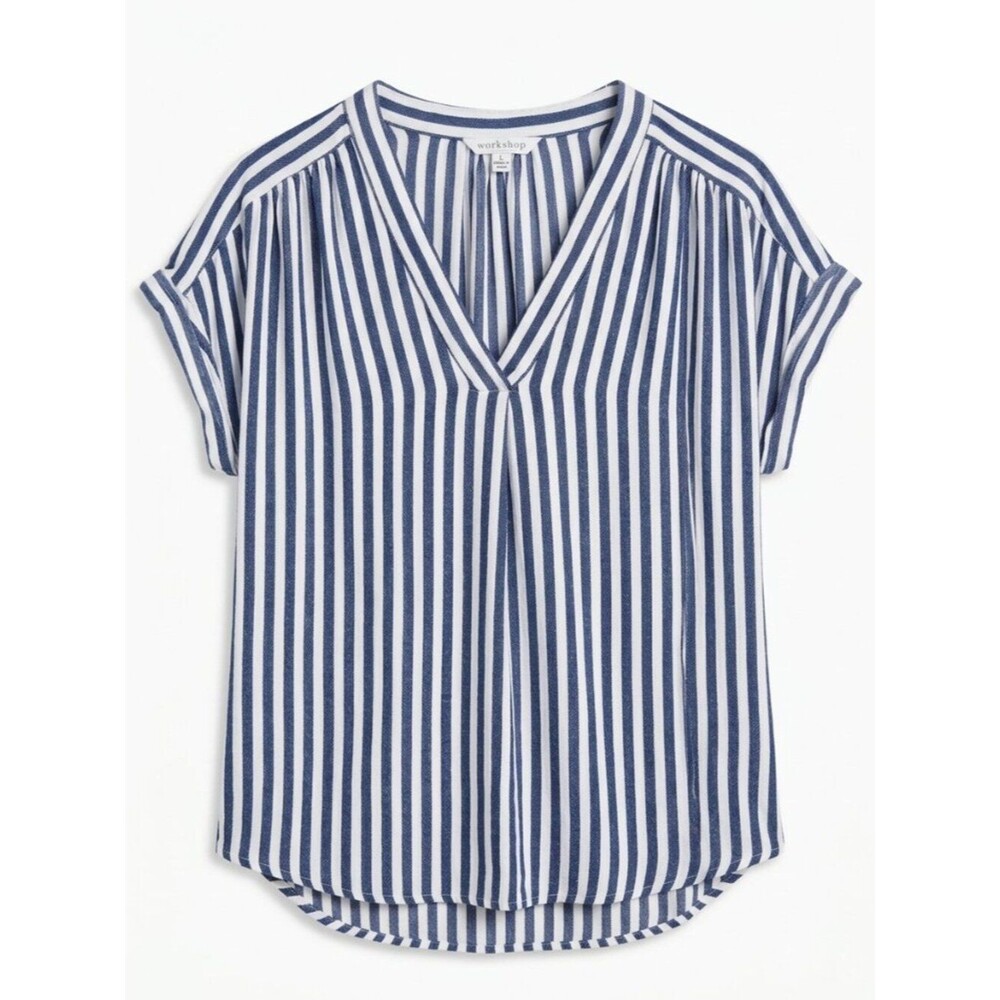Workshop Republic Navy & White Striped V-Neck Blouse Long Sleeve Size XL